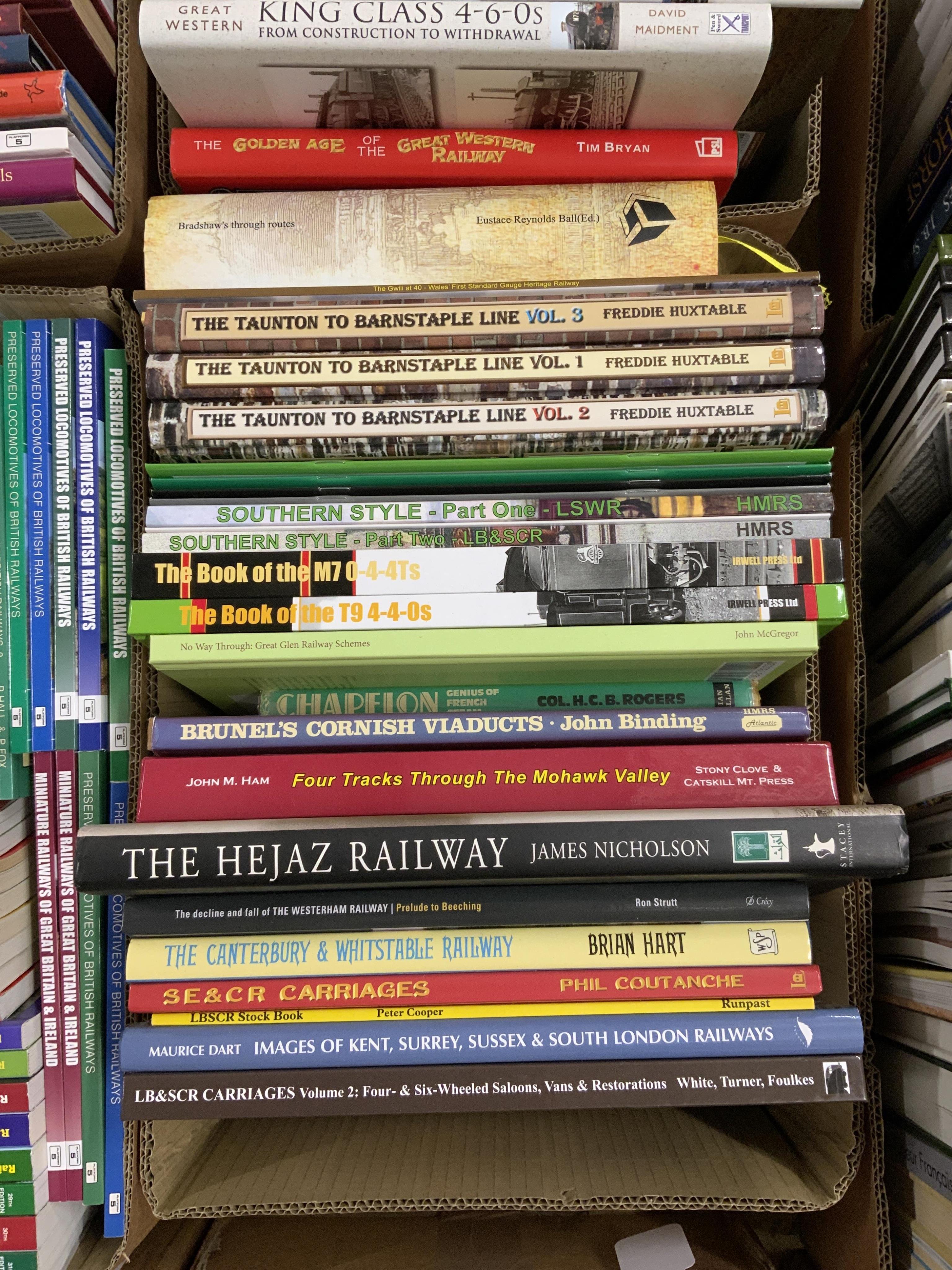 Eight boxes of railway related books, subjects include; locomotives of Australia, British railway journeys, preserved and miniature railways, Southern Railway, branch line railways, Great Western Railway locomotives, etc